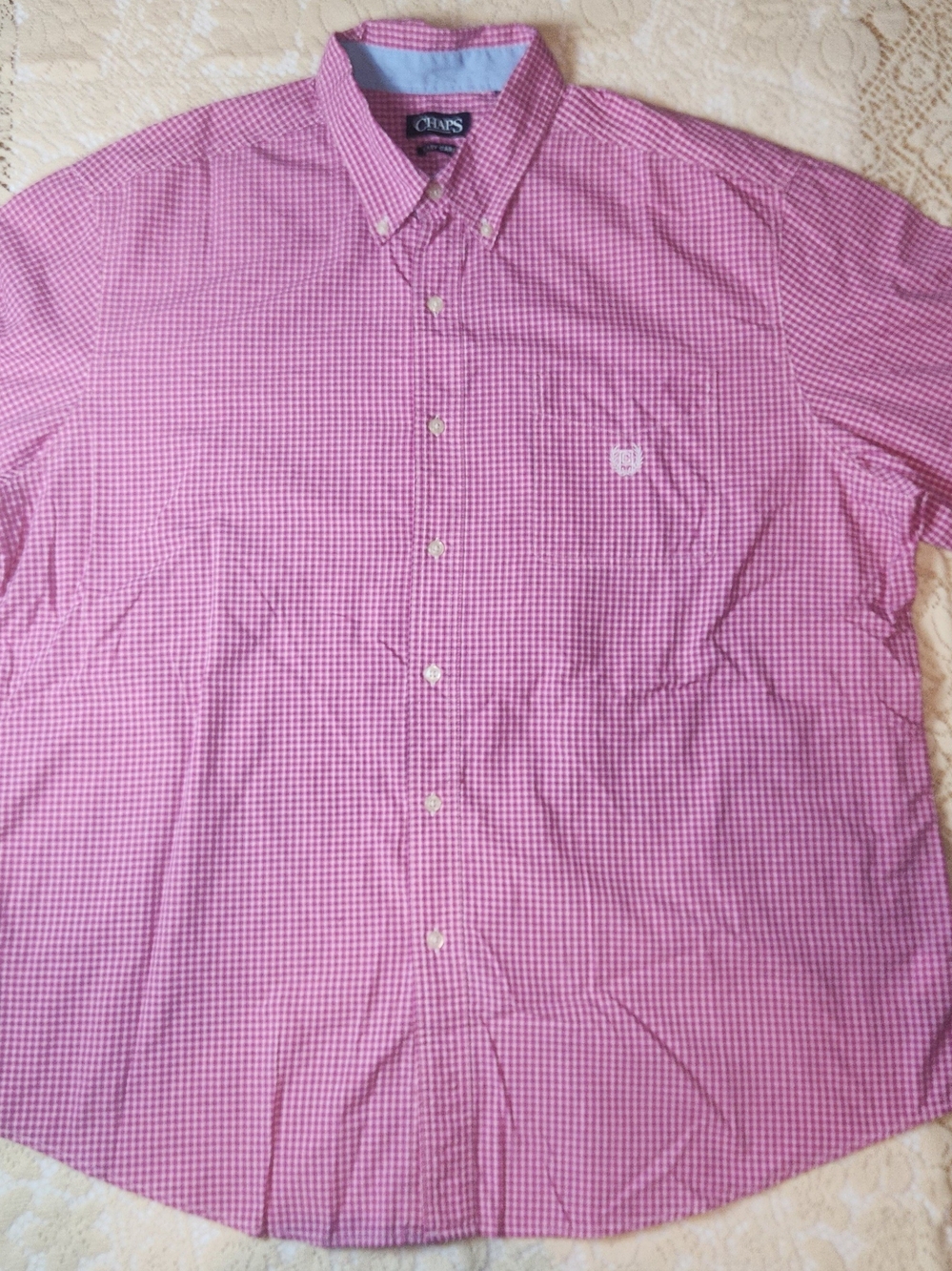 Chaps Men's Easy Care Button Down Short Sleeve Pink Plaid Shirt Size 2XL